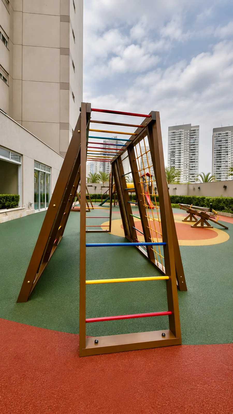 Escada de escalada com degraus coloridos em condomínio