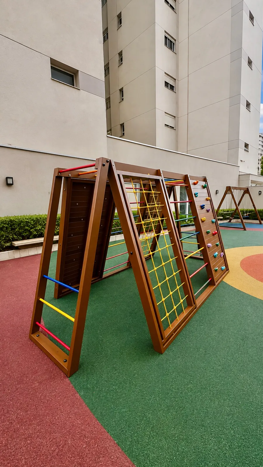 Estação de escalada e trepa-trepa sobre piso emborrachado colorido