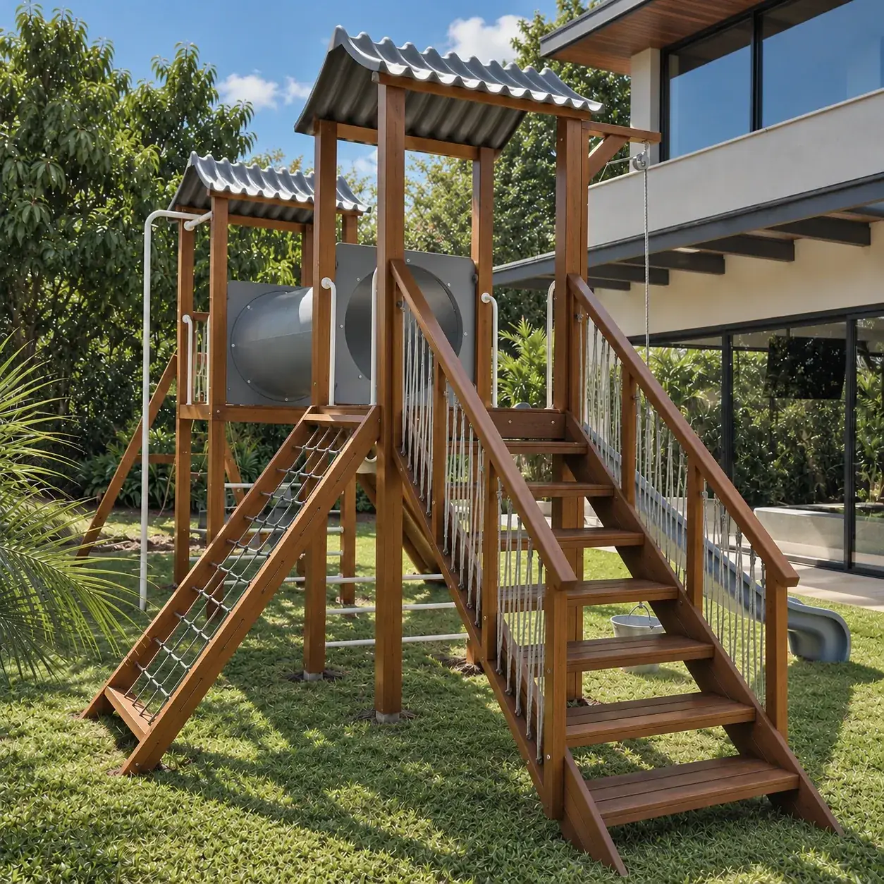 Escada de madeira com corrimão de cordas e rede de escalada do Play Fibra 2 torres