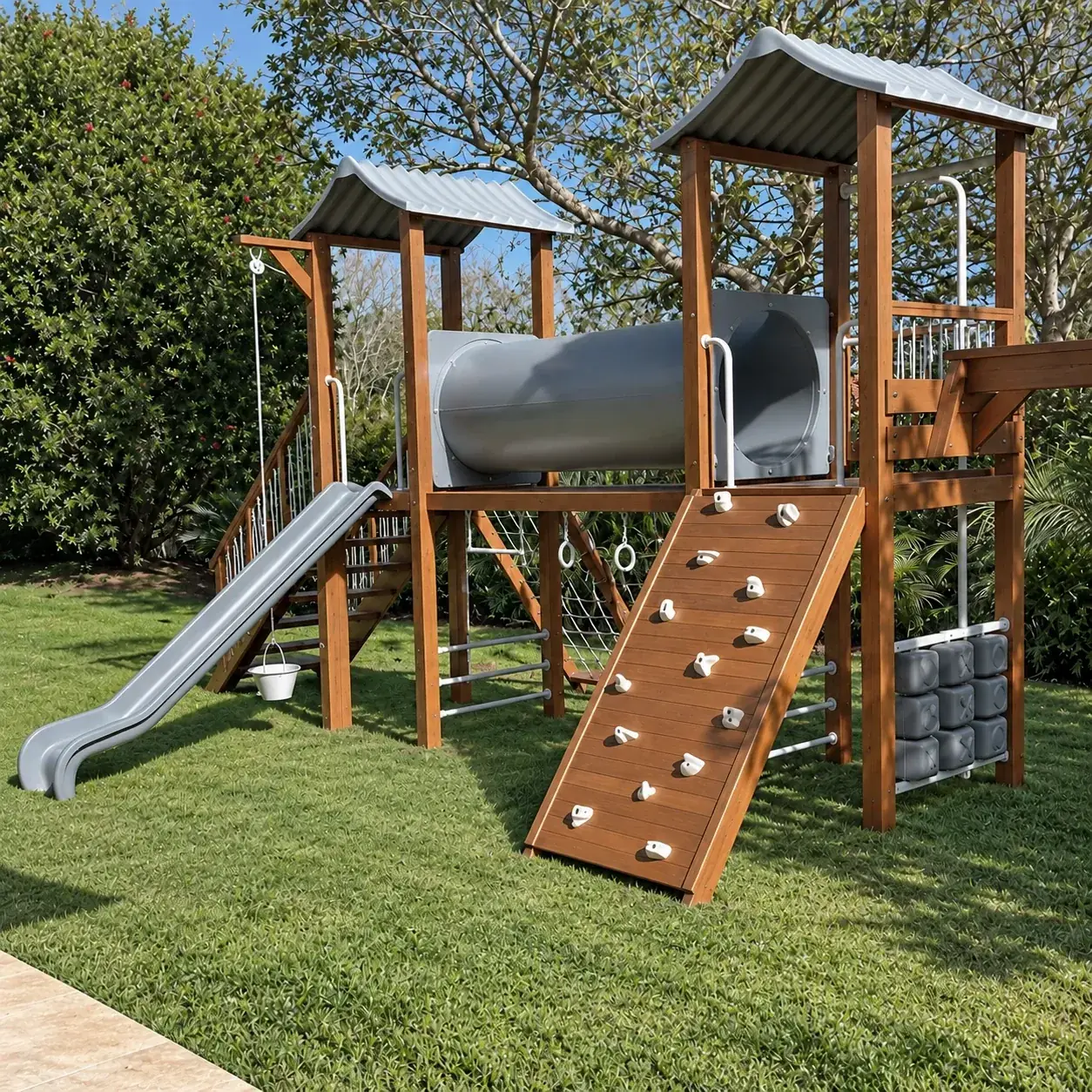 Playground de madeira Play Fibra com túnel cinza, escorregador, parede de escalada e argolas