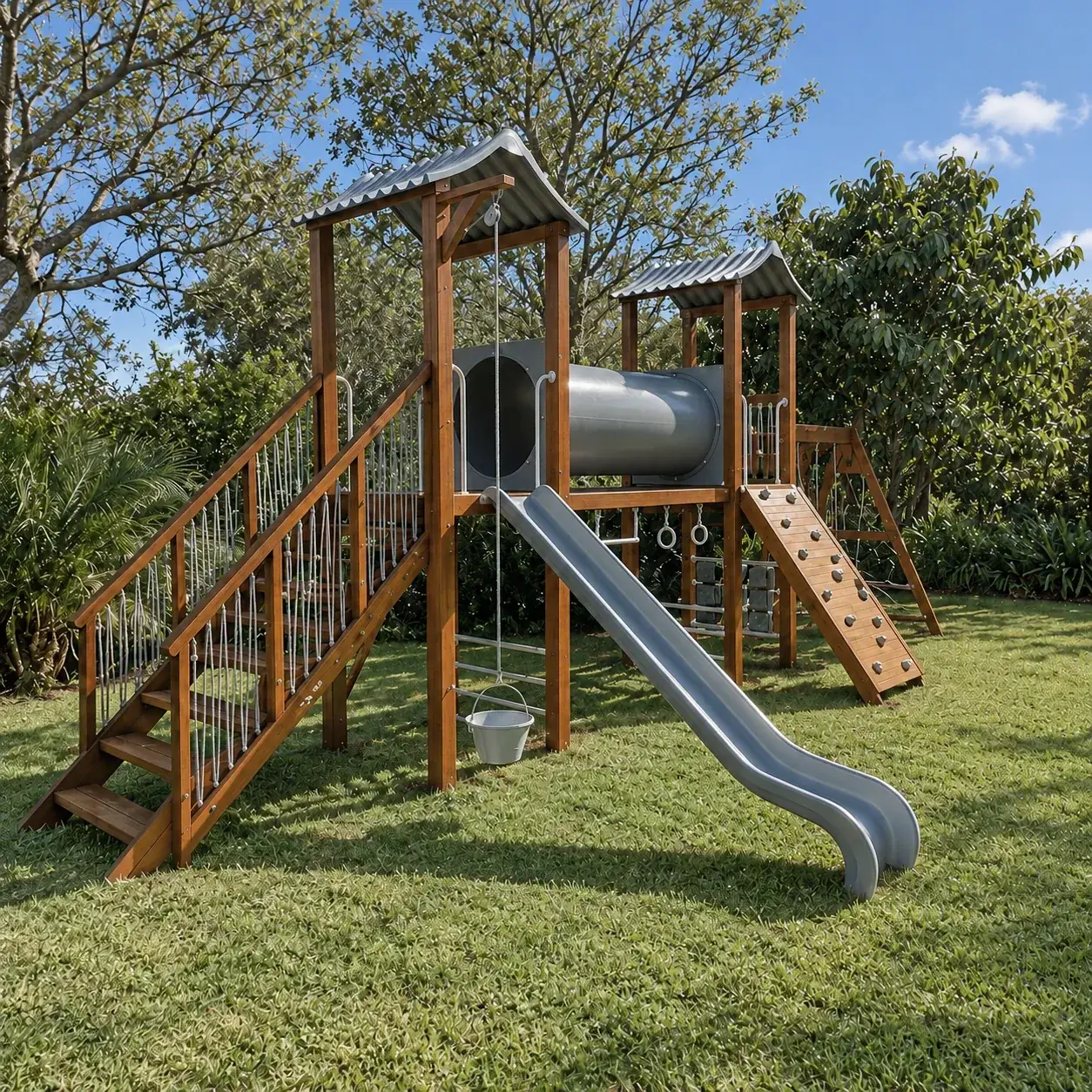 Play Fibra 2 torres: playground de madeira com coberturas cinza, túnel, escorregador e escada com corrimão de cordas