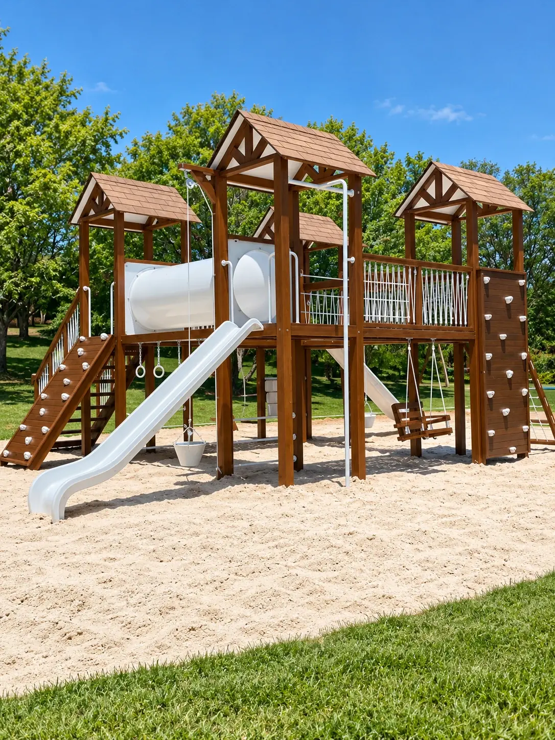 Play Nature, playground de madeira de 4 torres com telhado shingle, túnel e escorregador