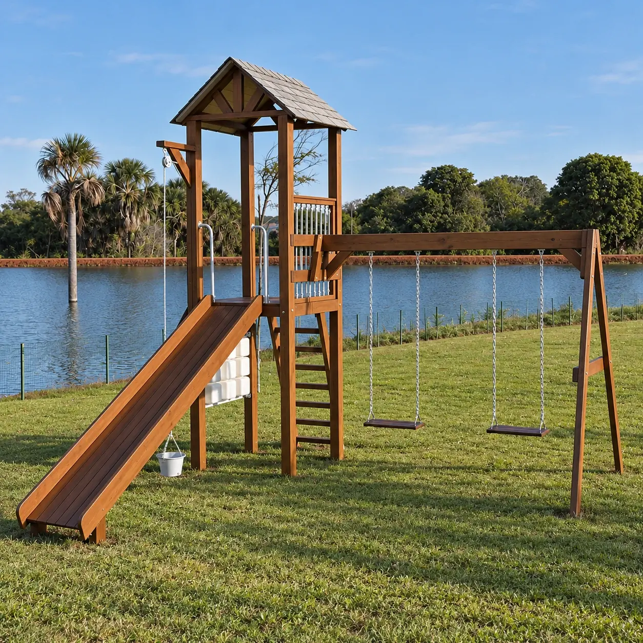 Play Nature: playground de madeira com torre de telhado shingle, escorregador de madeira e dois balanços em gramado