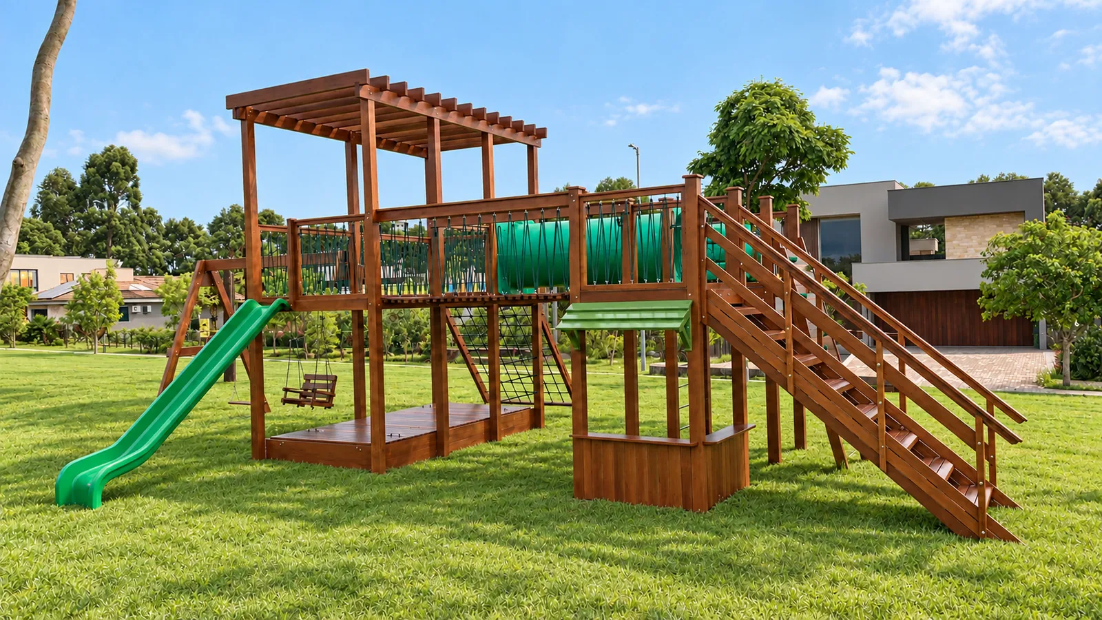 Playground de madeira com pergolado, túnel verde, escorregador, balanço e escada com corrimão