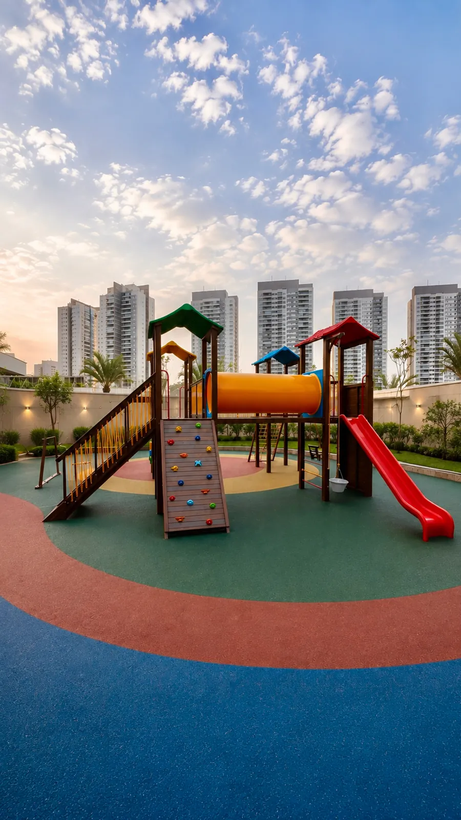 Torres coloridas na área de lazer de condomínio com piso emborrachado