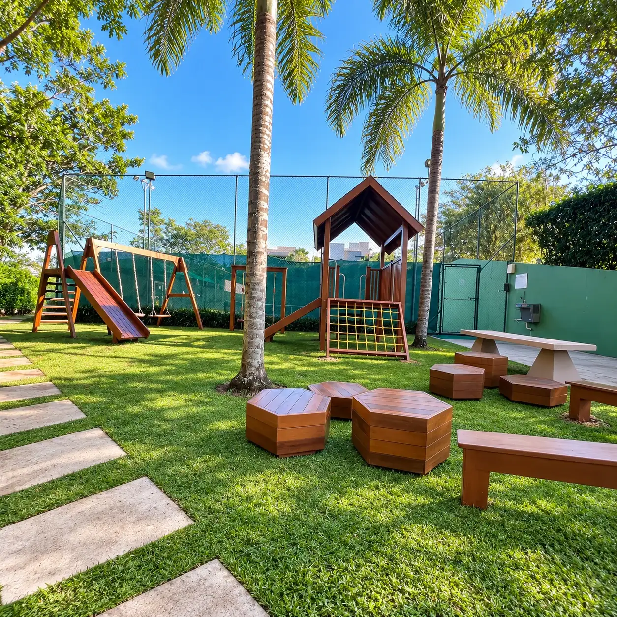 Playground de madeira para condomínio com torre, rede de escalada, escorregador, balanços e circuito de equilíbrio