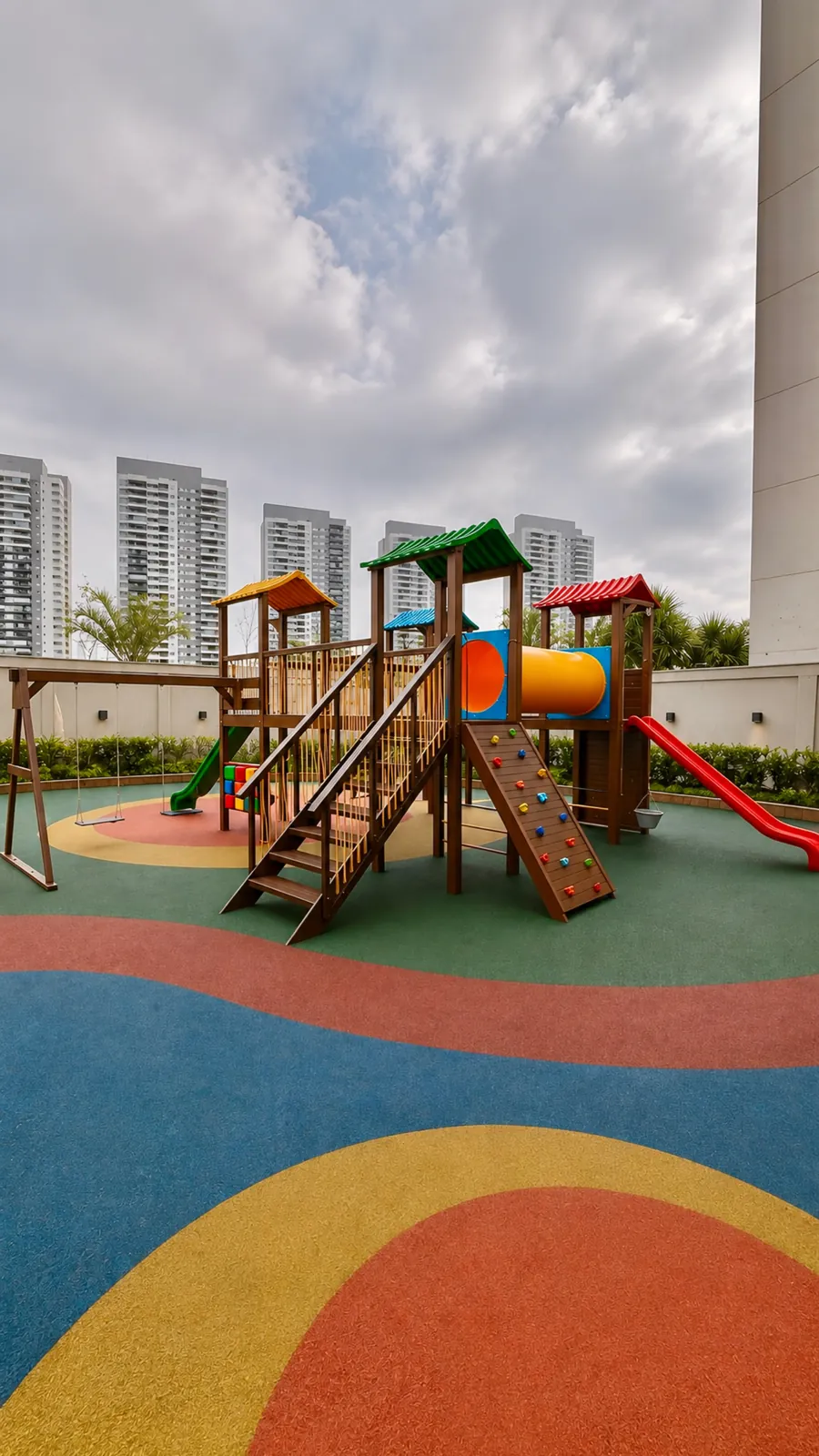 Vista geral de playground de madeira com torres coloridas em condomínio