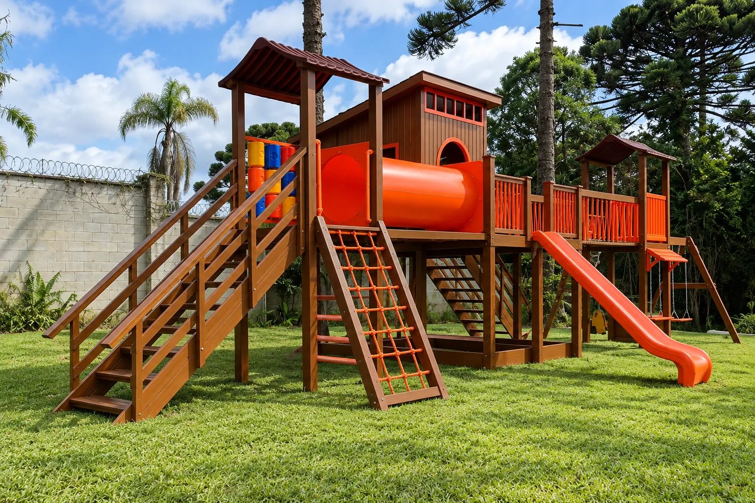 Play Clube, playground de madeira com clubinho no alto, torres, túnel laranja e escorregador