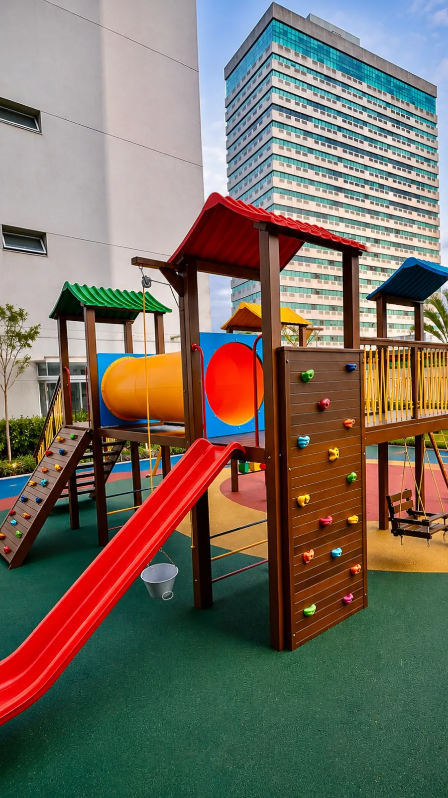 Playground de madeira colorido na área de lazer de condomínio, com torres, túnel, escorregador e parede de escalada