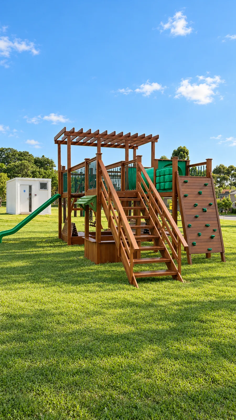 Vista geral do playground de madeira com pergolado, escada com corrimão e parede de escalada