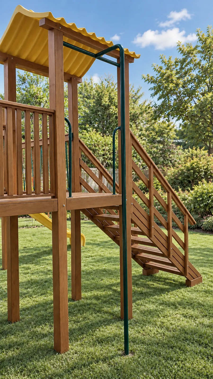 Torre com cobertura amarela, escada e barra de pendurar